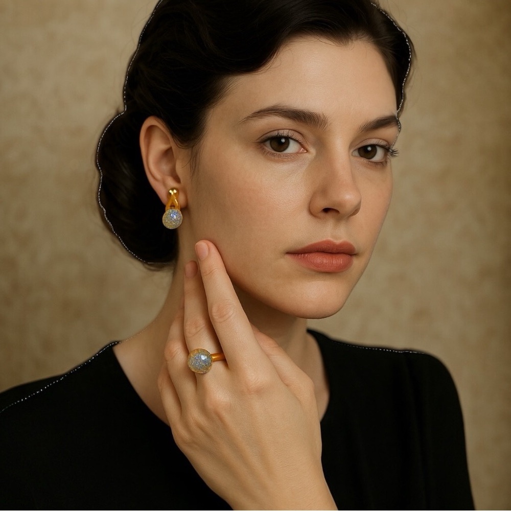 Vintage 1960s Clip-On Earrings & Adjustable Ring Set –Iridescent Faceted Glass